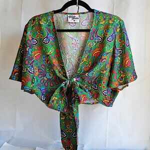 Hippie Shake Heroes Groovy Green Paisley Tie Front Crop Top 20 XL Slow Fashion